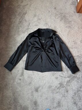 Insight Black Satin Blouse Ruched Front V Neck Long Sleeve Elegant SIZE S NWT